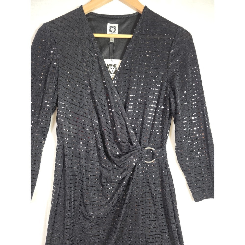 Anne Klein Black Sequin Wrap Cocktail Dress 3/4 Sleeve Size 4 NWT Party - Picture 3 of 11